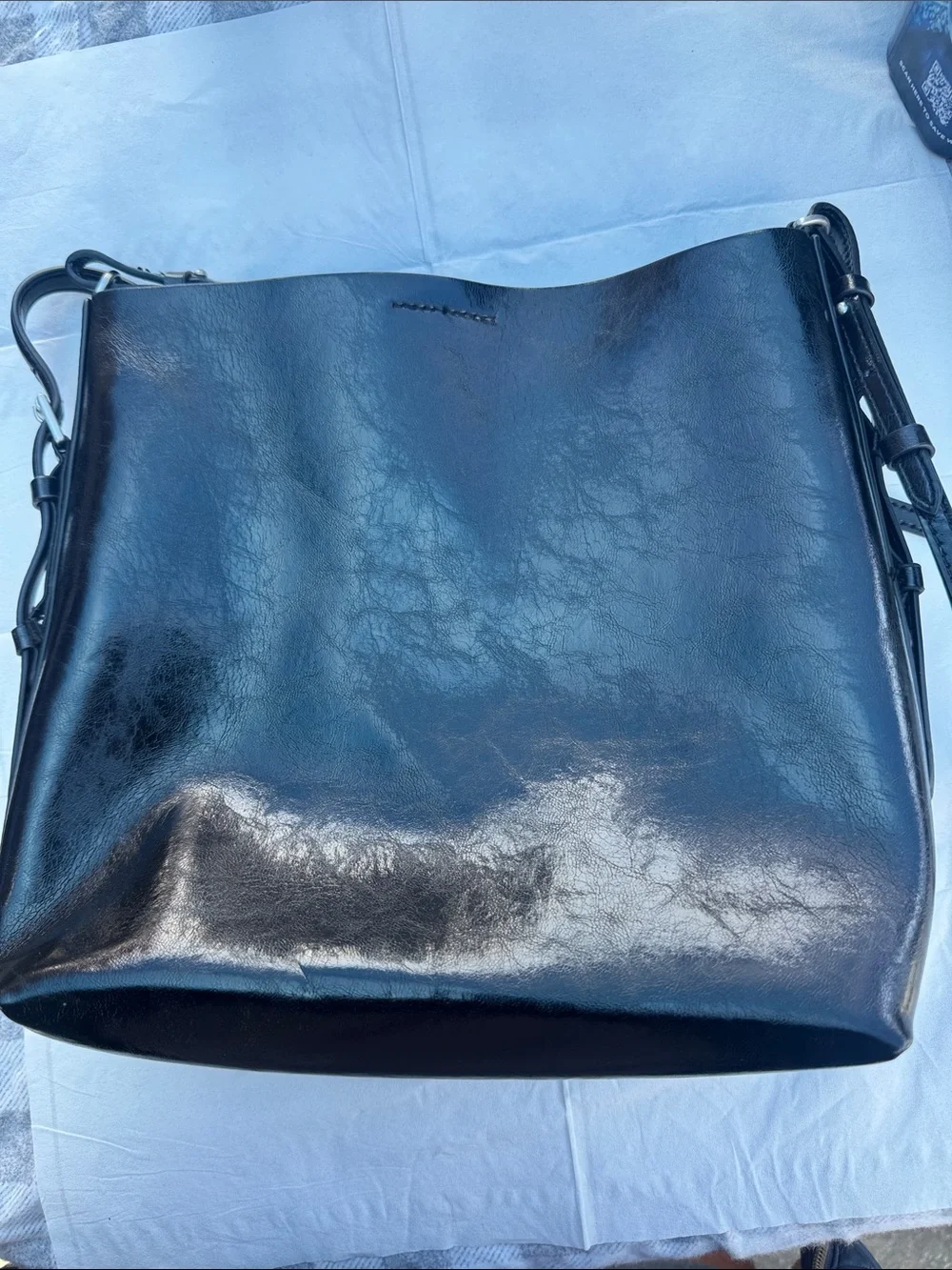 Zara Black Patent Shoulder Bag with Front Zip Pocket - Picture 2 of 9